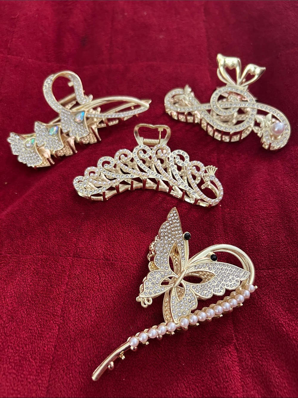 4 Gold Butterfly and Floral Rhinestone Hair Clips